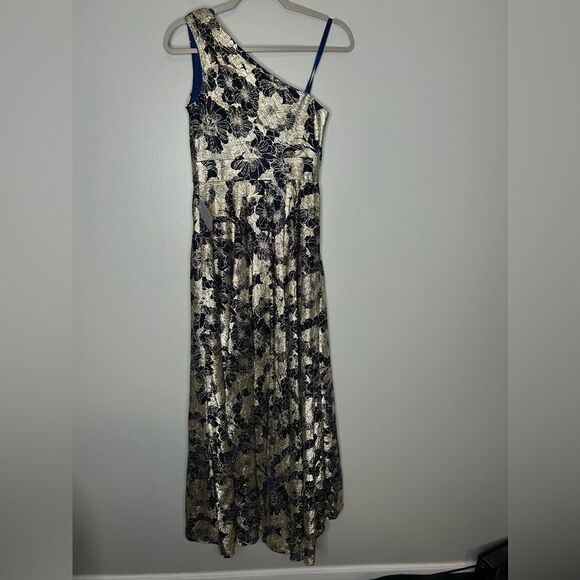 Betsy & Adam GWEN" LONG ONE SHOULDER WRAP FOIL FLOWER DRESS PETITE  NWT - Picture 7 of 9